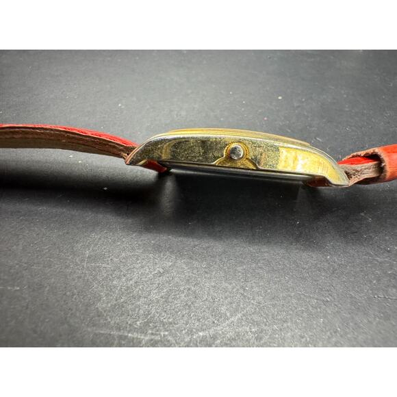 Clarins Paris Rectangular Gold Tone w/ White Dial Watch Red Leather Band Working - Picture 7 of 13